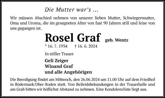 Traueranzeige von Rosel Graf von OF