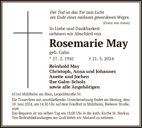 Traueranzeige von Rosemarie May von OF