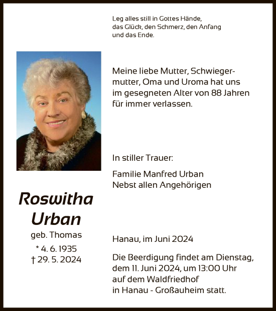 Traueranzeige von Roswitha Urban von OF