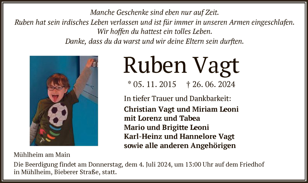  Traueranzeige für Ruben Vagt vom 29.06.2024 aus OF