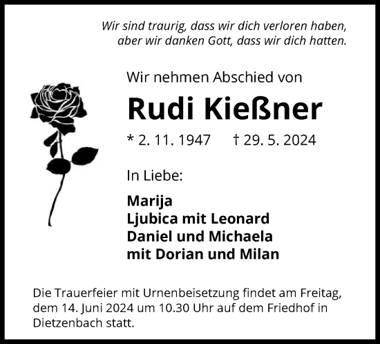 Traueranzeige von Rudi Kießner von OF