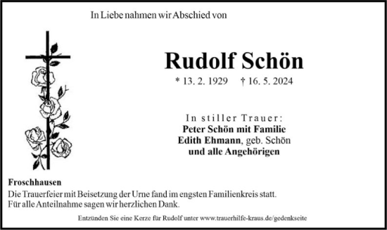 Traueranzeige von Rudolf Schön von OF