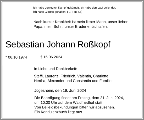 Traueranzeige von Sebastian Johann Roßkopf von OF