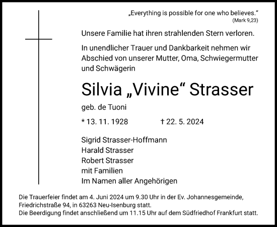 Traueranzeige von Silvia Strasser von OF