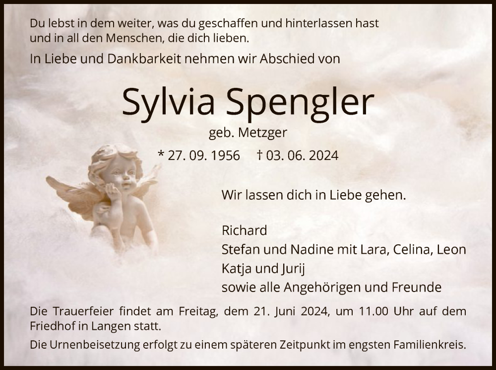  Traueranzeige für Sylvia Spengler vom 08.06.2024 aus OF