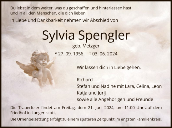 Traueranzeige von Sylvia Spengler von OF