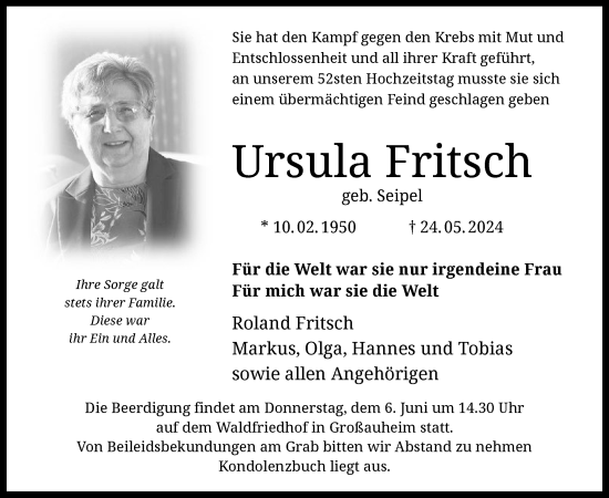 Traueranzeige von Ursula Fritsch von OF