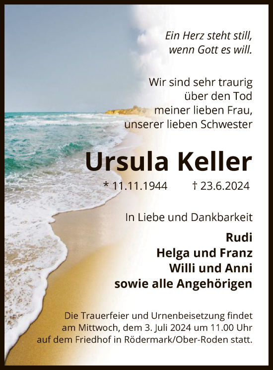 Traueranzeige von Ursula Keller von OF