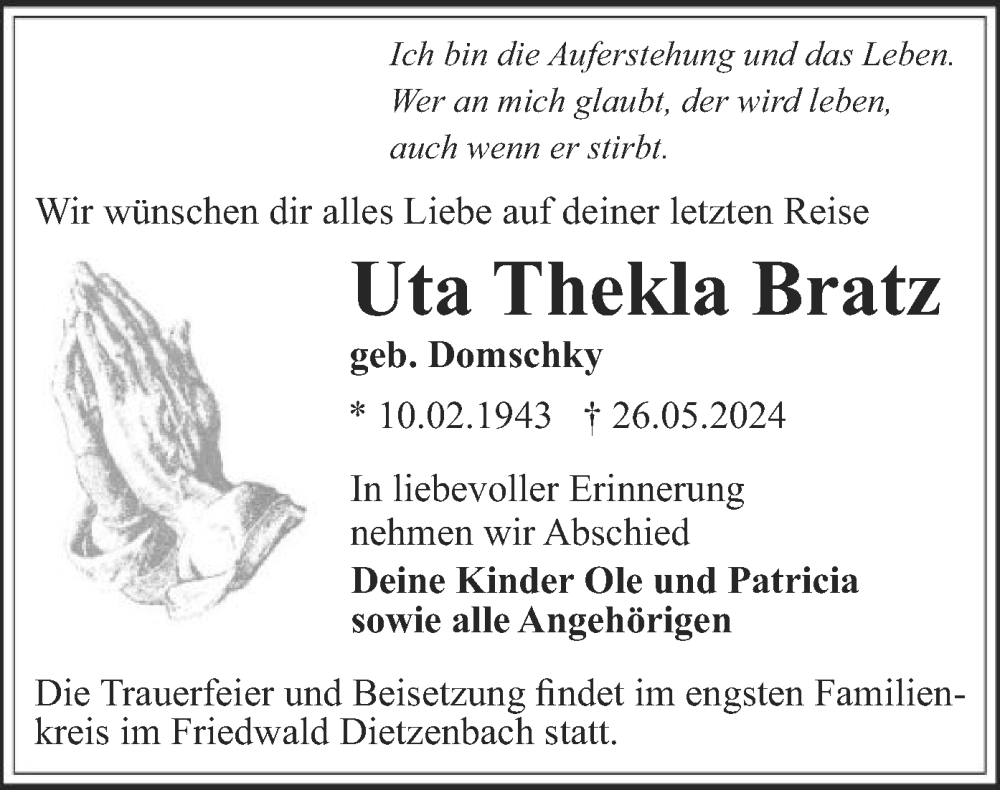  Traueranzeige für Uta Thekla Bratz vom 01.06.2024 aus OF