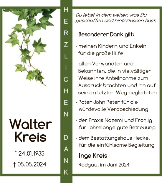 Traueranzeige von Walter Kreis von OF