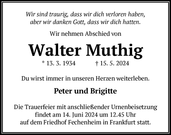 Traueranzeige von Walter Muthig von OFOF