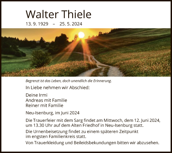 Traueranzeige von Walter Thiele von OF