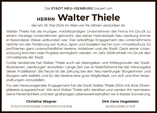 Traueranzeige von Walter Thiele von OF