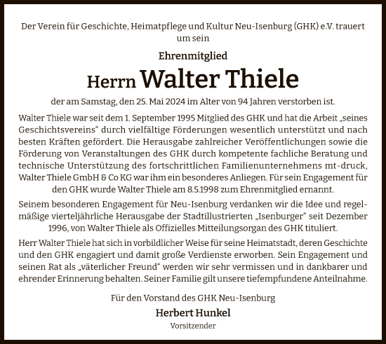 Traueranzeige von Walter Thiele von OF