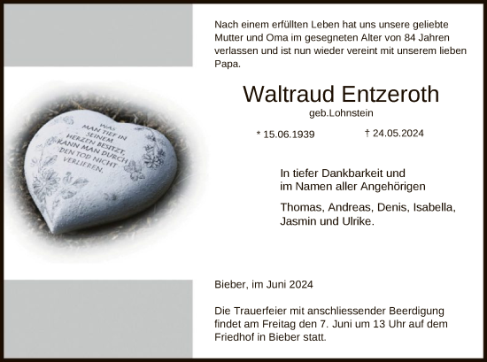 Traueranzeige von Waltraud Entzeroth von OF