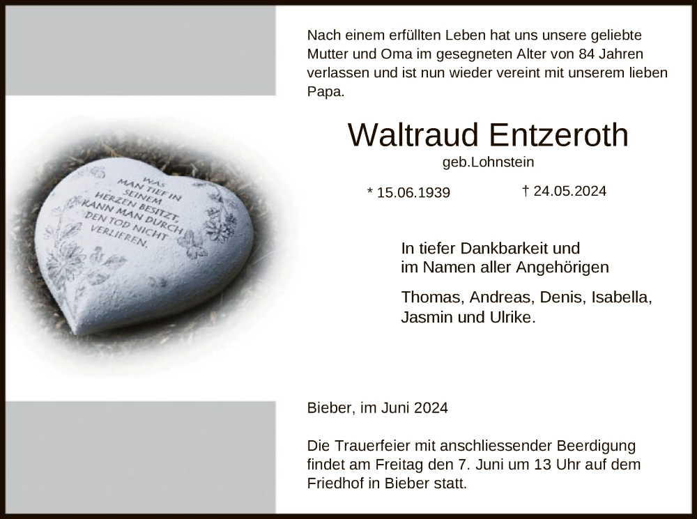  Traueranzeige für Waltraud Entzeroth vom 01.06.2024 aus OF