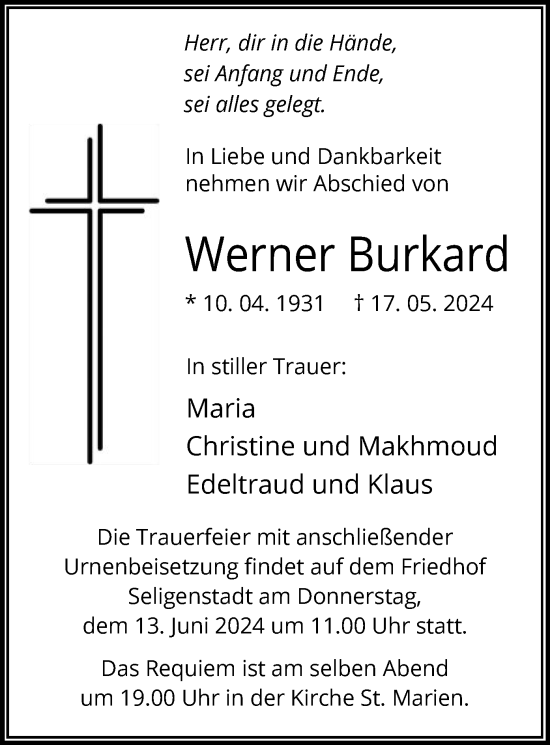 Traueranzeige von Werner Burkard von OF