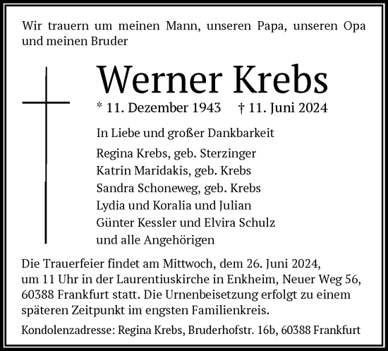 Traueranzeige von Werner Krebs von OF