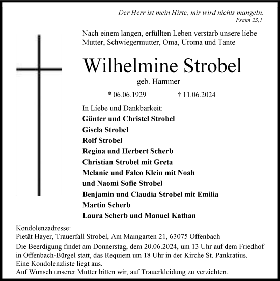 Traueranzeige von Wilhelmine Strobel von OF