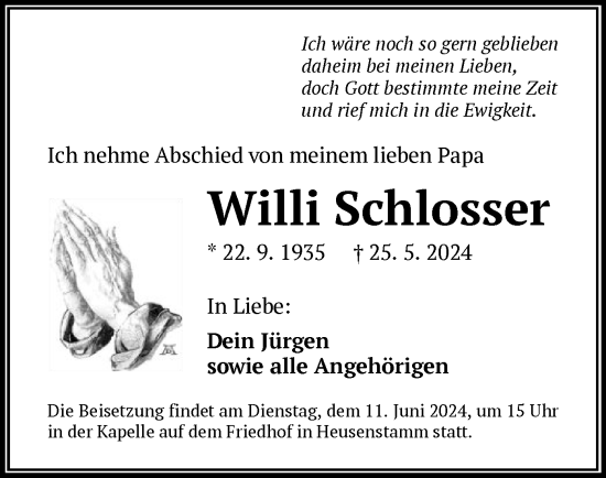 Traueranzeige von Willi Schlosser von OF