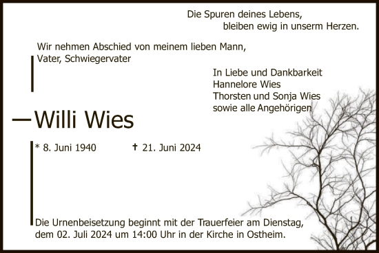 Traueranzeige von Willi Wies von OF