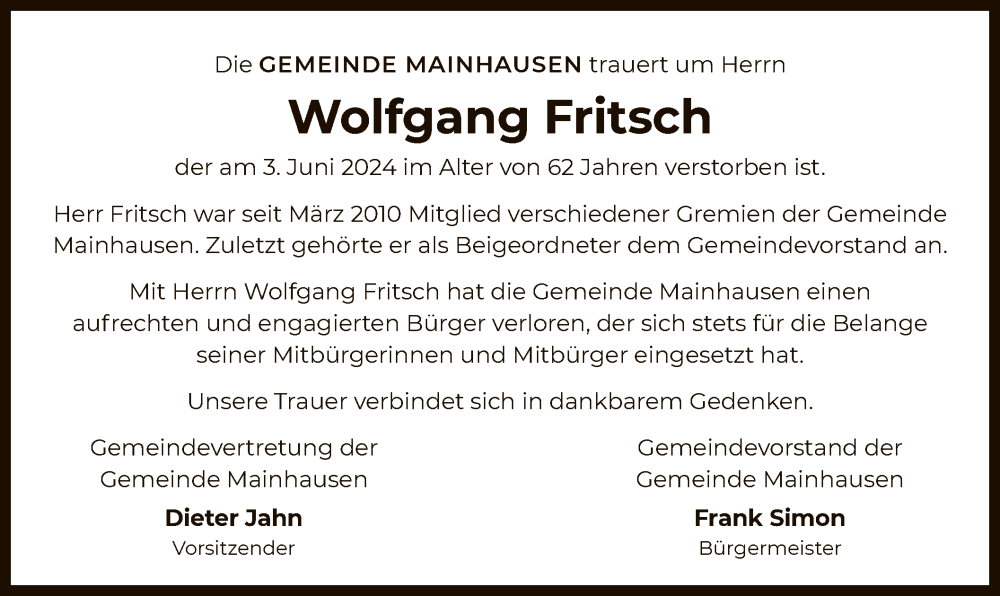  Traueranzeige für Wolfgang Fritsch vom 15.06.2024 aus OF