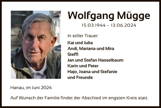 Traueranzeige von Wolfgang Mügge von OF