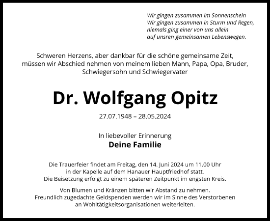 Traueranzeige von Wolfgang Opitz von OF