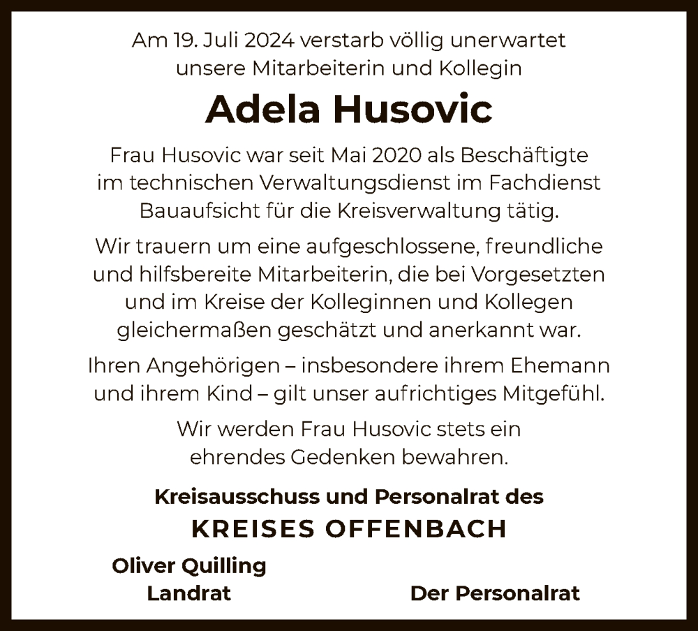  Traueranzeige für Adela Husovic vom 27.07.2024 aus OF