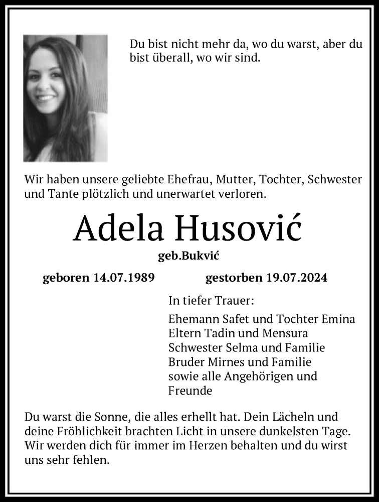  Traueranzeige für Adela Husovic vom 27.07.2024 aus OF