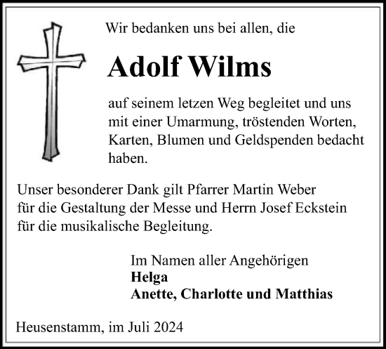 Traueranzeige von Adolf Wilms von OF