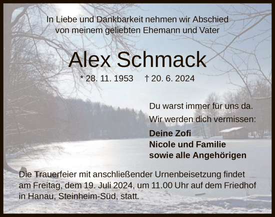 Traueranzeige von Alex Schmack von OF