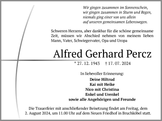 Traueranzeige von Alfred Gerhard Percz von OF