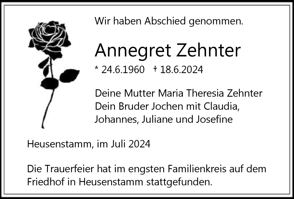  Traueranzeige für Annegret Zehnter vom 06.07.2024 aus OF