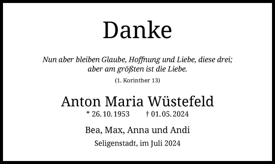 Traueranzeige von Anton Maria Wüstefeld von OF