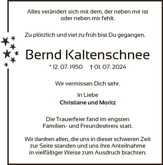 Traueranzeige von Bernd Kaltenschnee von OF