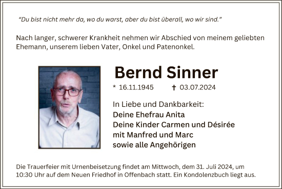 Traueranzeige von Bernd Sinner von OF