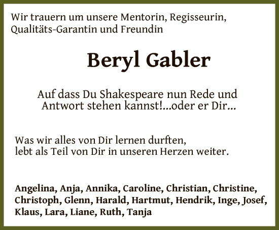 Traueranzeige von Beryl Gabler von OF