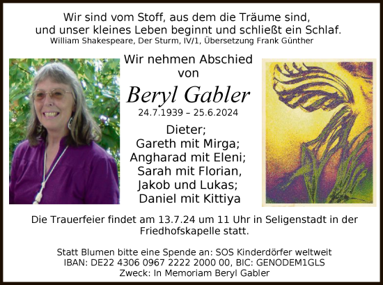 Traueranzeige von Beryl Gabler von OF