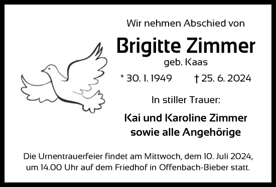 Traueranzeige von Brigitte Zimmer von OF