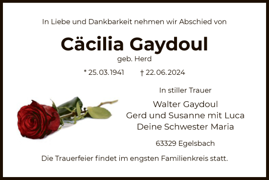 Traueranzeige von Cäcilia Gaydoul von OF