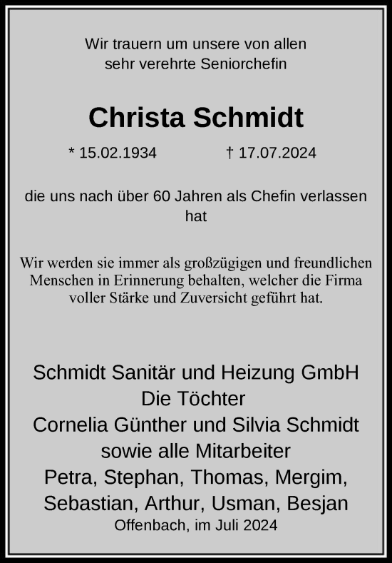 Traueranzeige von Christa Schmidt von OFOF