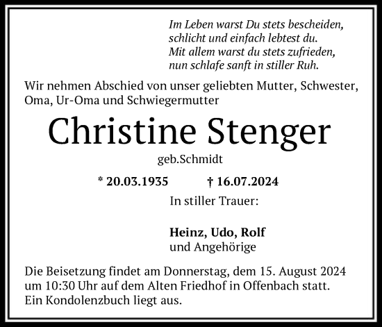 Traueranzeige von Christine Stenger von OF