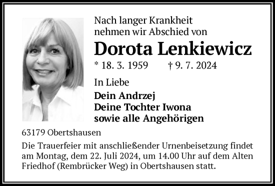 Traueranzeige von Dorota Lenkiewicz von OF