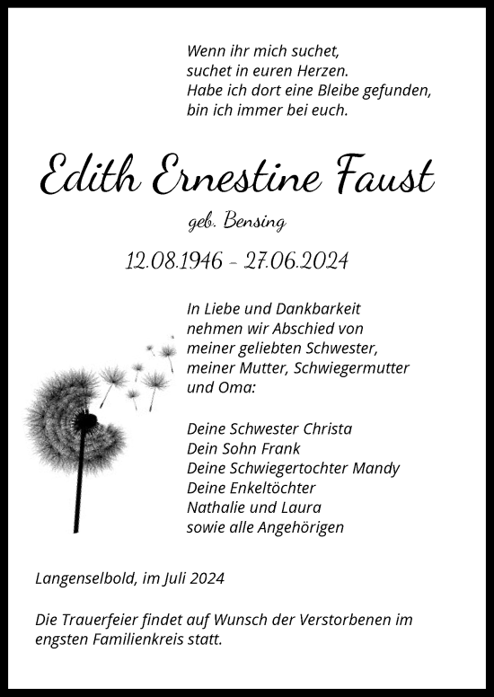 Traueranzeige von Edith Ernestine Faust von OF