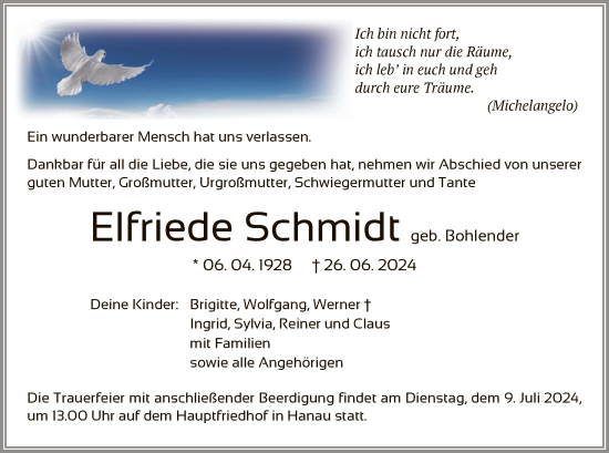 Traueranzeige von Elfriede Schmidt von OF