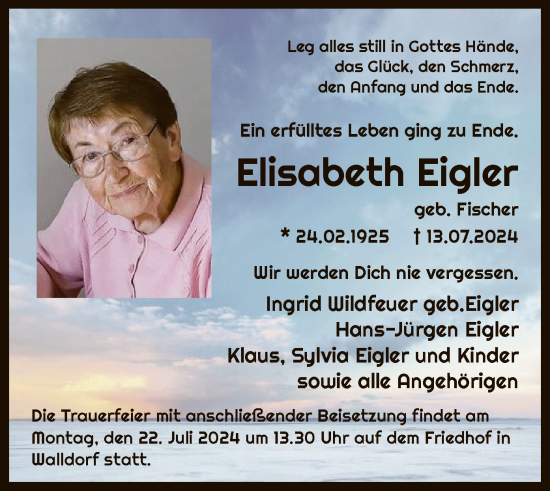 Traueranzeige von Elisabeth Eigler von OF