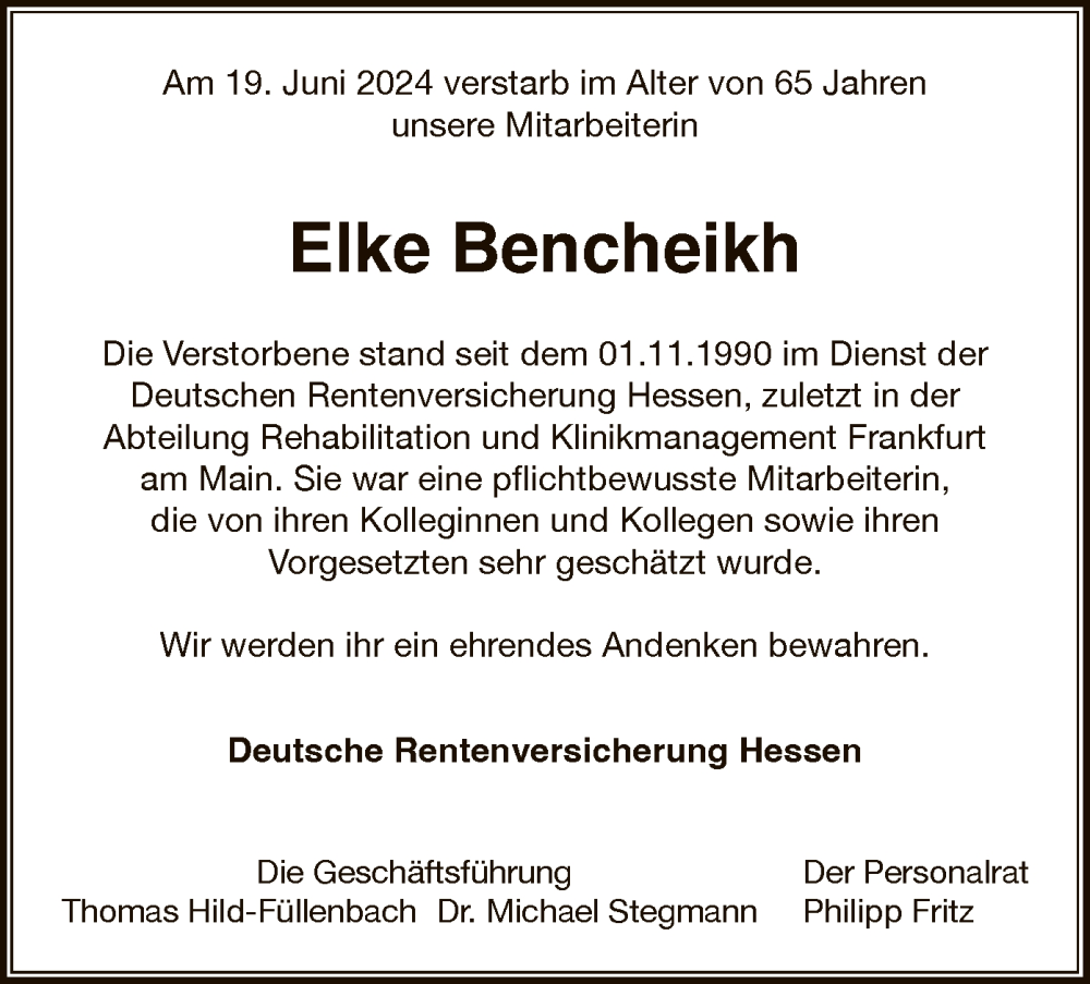  Traueranzeige für Elke Bencheikh vom 12.07.2024 aus OF