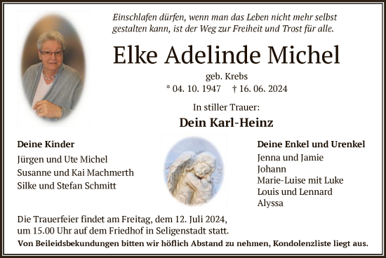 Traueranzeige von Elke Adelinde Michel von OF