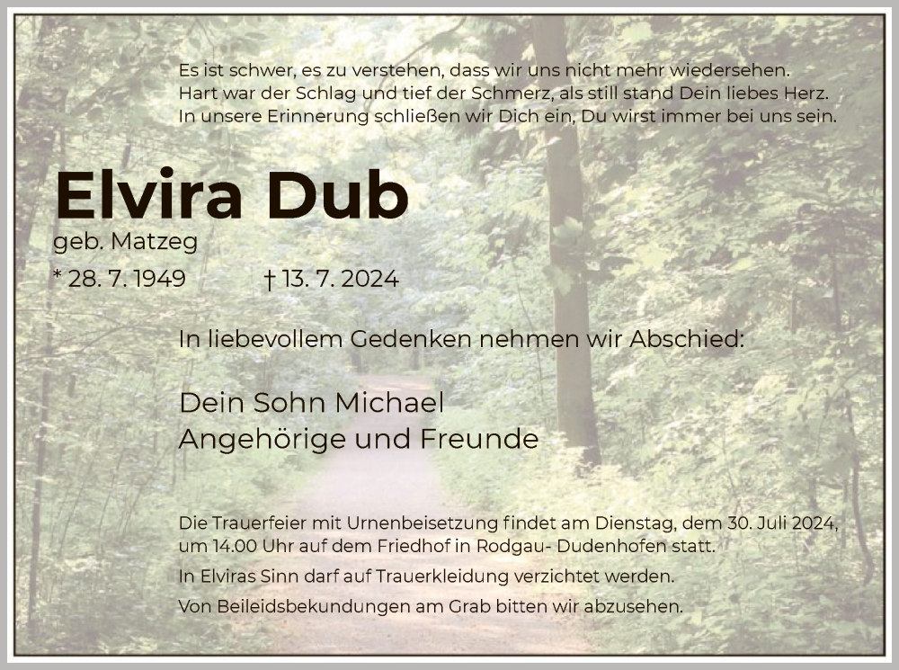  Traueranzeige für Elvira Dub vom 27.07.2024 aus OF